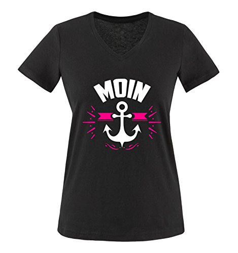 Comedy Shirts - Moin - Anker - Damen V-Neck T-Shirt - Schwarz/Weiss-Pink Gr. XL von Comedy Shirts