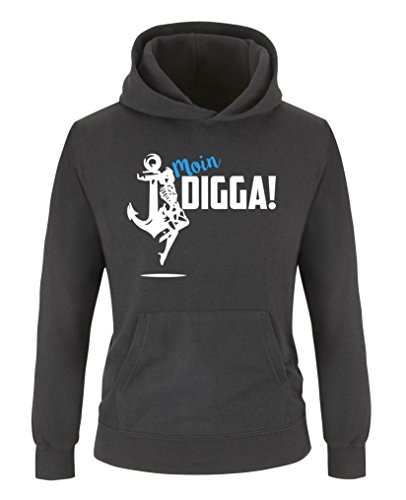 Comedy Shirts - Moin Digga! Anker - Jungen Hoodie - Schwarz/Weiss-Blau Gr. 134/146 von Comedy Shirts