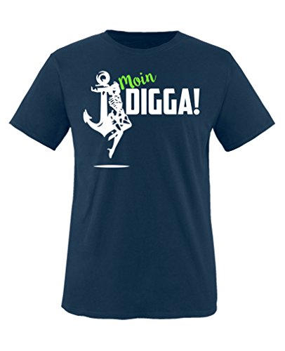 Comedy Shirts - Moin Digga! Anker - Jungen T-Shirt - Navy/Weiss-Neongrün Gr. 134/146 von Comedy Shirts