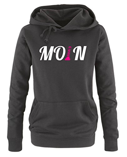 Comedy Shirts - Moin Leuchtturm - Damen Hoodie - Schwarz/Weiss-Pink Gr. L von Comedy Shirts