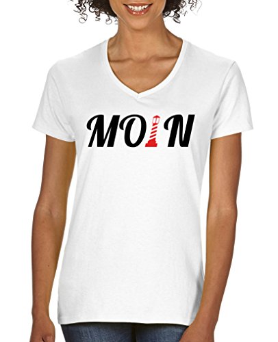 Comedy Shirts - Moin Leuchtturm - Damen V-Neck T-Shirt - Weiss/Schwarz-Rot Gr. L von Comedy Shirts