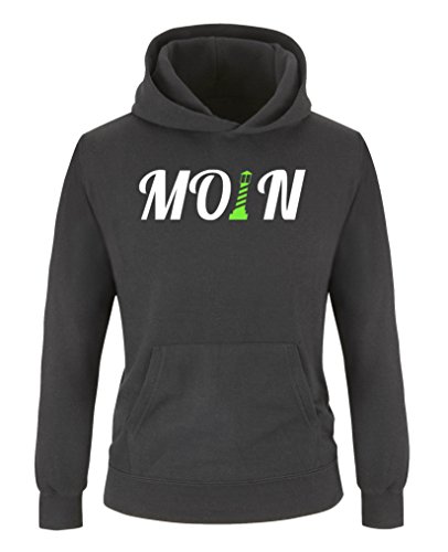 Comedy Shirts - Moin Leuchtturm - Jungen Hoodie - Schwarz/Weiss-Neongrün Gr. 152/164 von Comedy Shirts