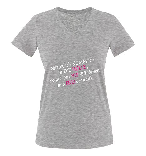 Comedy Shirts - Natürlich komm ich in die Hölle sogar mit VIP Bändchen und frei Getränk. - Damen V-Neck T-Shirt - Graumeliert/Weiss-Pink Gr. XXL von Comedy Shirts
