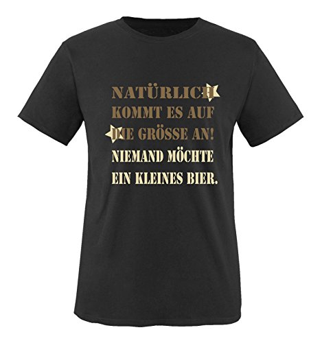 Comedy Shirts - Natürlich kommt es auf die Grösse an! Niemand möchte EIN kleines Bier. - Herren T-Shirt - Schwarz/Hellbraun-Beige Gr. 5XL von Comedy Shirts