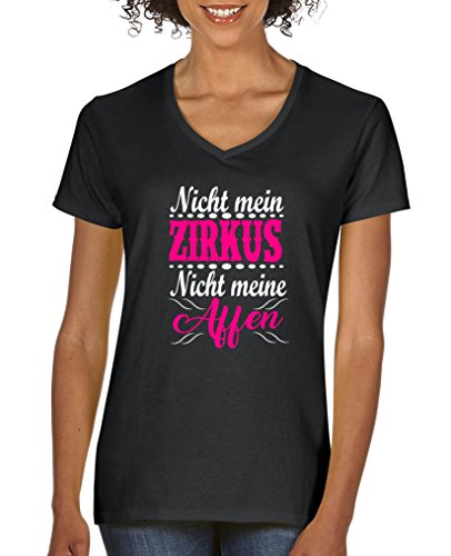 Comedy Shirts - Nicht mein Zirkus, Nicht Meine Affen - Damen V-Neck T-Shirt - Schwarz/Weiss-Pink Gr. M von Comedy Shirts