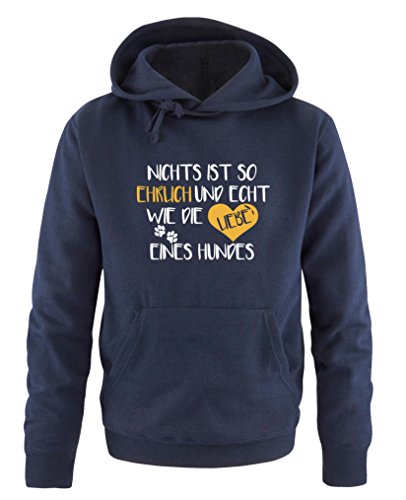 Comedy Shirts Nichts ist so ehrlich und echt wie die Liebe eines Hundes - Herren Hoodie - Navy/Weiss-Gelb Gr. L von Comedy Shirts