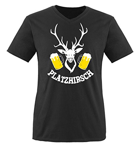 Comedy Shirts - PLATZHIRSCH - Herren V-Neck T-Shirt - Schwarz/Weiss-Gelb Gr. XL von Comedy Shirts