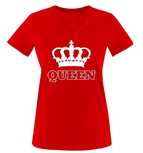 Comedy Shirts - Queen - Krone II - Damen V-Neck T-Shirt - Rot/Weiss Gr. XXL von Comedy Shirts