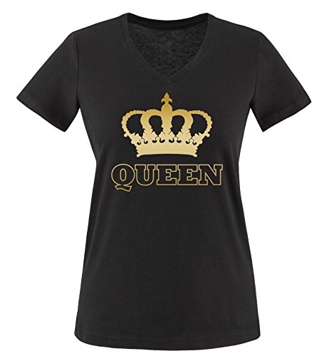 Comedy Shirts - Queen - Krone II - Damen V-Neck T-Shirt - Schwarz/Gold Gr. L von Comedy Shirts