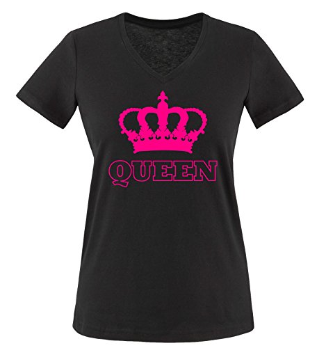 Comedy Shirts - Queen - Krone II - Damen V-Neck T-Shirt - Schwarz/Pink Gr. XXL von Comedy Shirts