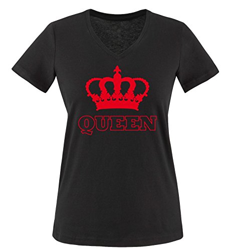 Comedy Shirts - Queen - Krone II - Damen V-Neck T-Shirt - Schwarz/Rot Gr. L von Comedy Shirts