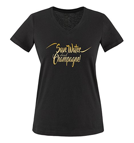 Comedy Shirts - Save Water Drink Champagne! - Damen V-Neck T-Shirt - Schwarz/Gold Gr. XL von Comedy Shirts