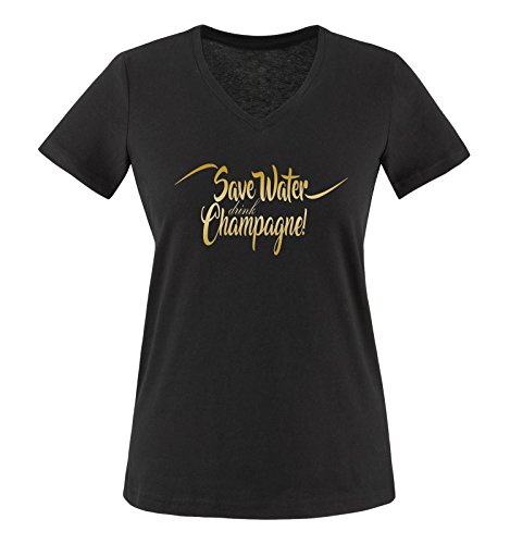 Comedy Shirts - Save Water Drink Champagne! - Damen V-Neck T-Shirt - Schwarz/Gold Gr. XXL von Comedy Shirts