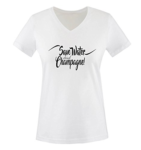 Comedy Shirts - Save Water Drink Champagne! - Damen V-Neck T-Shirt - Weiss/Schwarz Gr. S von Comedy Shirts