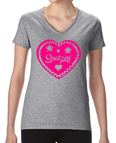 Comedy Shirts - Spatzerl Lebkuchenherz - Damen V-Neck T-Shirt - Graumeliert/Pink Gr. M von Comedy Shirts