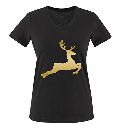 Comedy Shirts - Springender Hirsch - Damen V-Neck T-Shirt - Schwarz/Gold Gr. L von Comedy Shirts