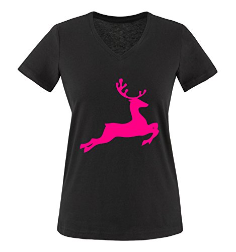 Comedy Shirts - Springender Hirsch - Damen V-Neck T-Shirt - Schwarz/Pink Gr. L von Comedy Shirts