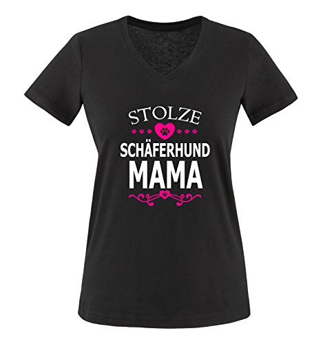 Comedy Shirts - Stolze Schäferhund Mama - Herz - Damen V-Neck T-Shirt - Schwarz/Weiss-Pink Gr. L von Comedy Shirts
