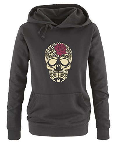 Comedy Shirts Totenkopf Blume - Damen Hoodie - Schwarz/Beige-Fuchsia Gr. L von Comedy Shirts