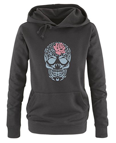 Comedy Shirts Totenkopf Blume - Damen Hoodie - Schwarz/Eisblau-Rosa Gr. S von Comedy Shirts