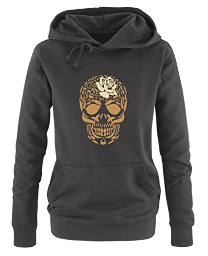 Comedy Shirts Totenkopf Blume - Damen Hoodie - Schwarz/Hellbraun-Beige Gr. L von Comedy Shirts