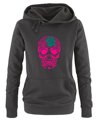 Comedy Shirts Totenkopf Blume - Damen Hoodie - Schwarz/Pink-Türkis Gr. XXL von Comedy Shirts