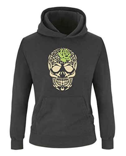 Comedy Shirts - Totenkopf Blume - Jungen Hoodie - Schwarz/Beige-Hellgrün Gr. 152/164 von Comedy Shirts