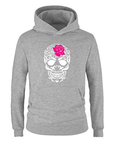 Comedy Shirts - Totenkopf Blume - Mädchen Hoodie - Grau/Weiss-Pink Gr. 134/146 von Comedy Shirts