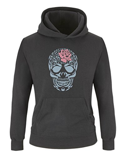 Comedy Shirts - Totenkopf Blume - Mädchen Hoodie - Schwarz/Eisblau-Rosa Gr. 122/128 von Comedy Shirts