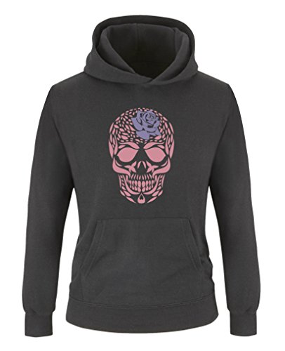 Comedy Shirts - Totenkopf Blume - Mädchen Hoodie - Schwarz/Rosa-Violett Gr. 134/146 von Comedy Shirts