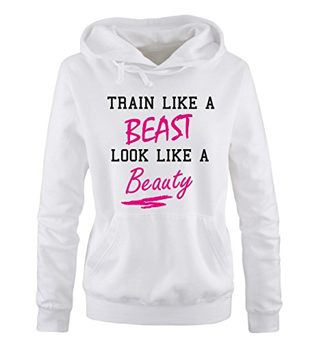 Comedy Shirts Train Like a Beast Look Like a Beauty - Damen Hoodie - Weiss/Schwarz-Pink Gr. M von Comedy Shirts