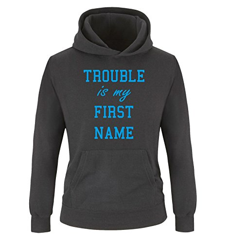 Comedy Shirts - Trouble is My First Name - Kinder Hoodie - Schwarz/Blau Gr. 134/146 von Comedy Shirts