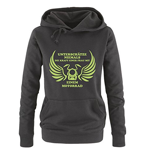Comedy Shirts - UNTERSCHÄTZE Niemals Frau MIT Motorrad - Damen Hoodie - Schwarz/Grün Gr. M von Comedy Shirts