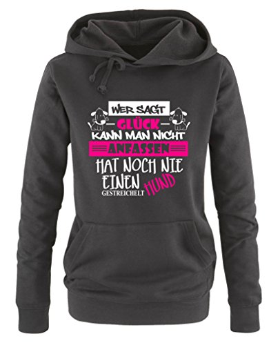 Comedy Shirts Wer SAGT Glück kann Man Nicht anfassen, hat noch nie einen Hund gestreichelt - Damen Hoodie - Schwarz/Weiss-Pink Gr. XL von Comedy Shirts