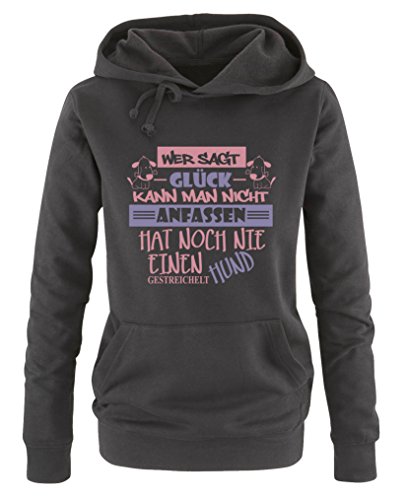 Comedy Shirts Wer SAGT Glück kann Man Nicht anfassen, hat noch nie einen Hund gestreichelt - Damen Hoodie - Schwarz/Rosa-Violett Gr. L von Comedy Shirts