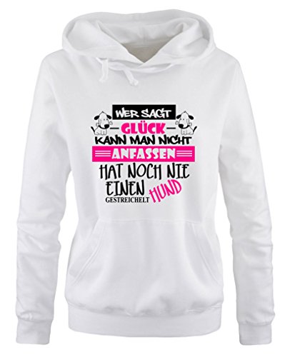 Comedy Shirts Wer SAGT Glück kann Man Nicht anfassen, hat noch nie einen Hund gestreichelt - Damen Hoodie - Weiss/Schwarz-Pink Gr. L von Comedy Shirts