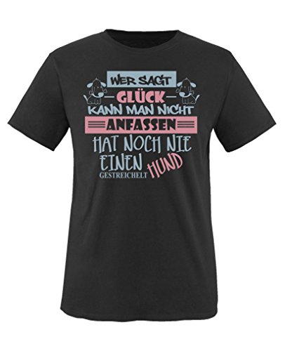 Comedy Shirts - Wer SAGT Glück kann Man Nicht anfassen, hat noch nie einen Hund gestreichelt - Mädchen T-Shirt - Schwarz/Eisblau-Rosa Gr. 152/164 von Comedy Shirts