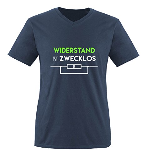 Comedy Shirts - Widerstand ist zwecklos - Herren V-Neck T-Shirt - Navy/Weiss-Neongrün Gr. L von Comedy Shirts