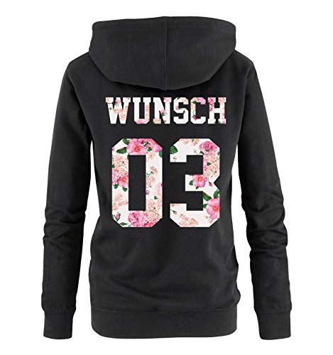 Comedy Shirts - Wunsch - Damen Hoodie - Schwarz/Blumen - Gr. L von Comedy Shirts