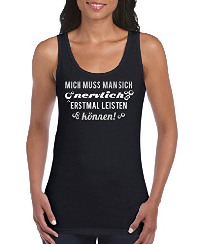 Comedy Shirts - mich muss man sich nervlich erstmal leisten können! - Damen Tank Top - Schwarz/Silber Gr. S von Comedy Shirts