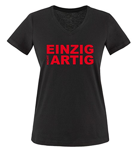 EINZIG (Nicht) ARTIG - Damen V-Neck T-Shirt - Schwarz/Rot Gr. M von Comedy Shirts