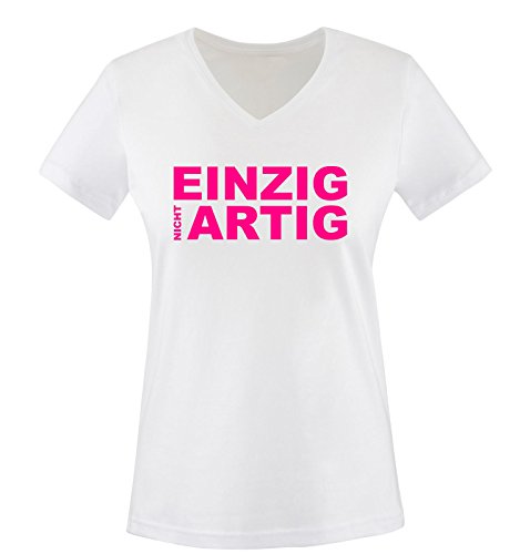 EINZIG (Nicht) ARTIG - Damen V-Neck T-Shirt - Weiss/Pink Gr. L von Comedy Shirts