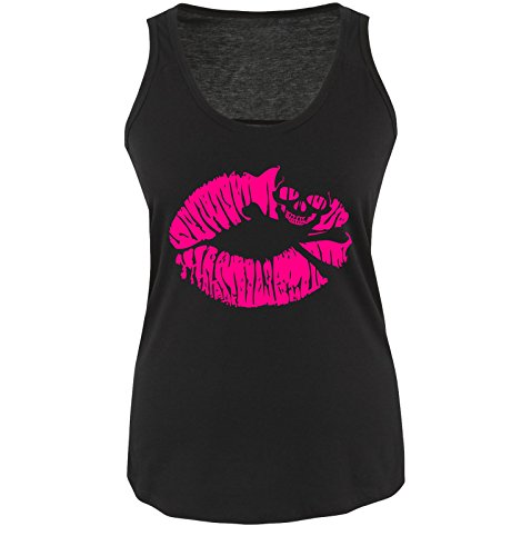 Kussmund - Totenkopf - Einfarbig - Damen Tank Top Schwarz/Pink Gr. L von Comedy Shirts