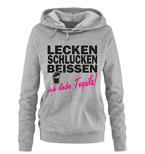 Comedy Shirts LECKEN Schlucken BEISSEN ich Liebe Tequila! - Damen Hoodie Grau/Schwarz-Pink Gr. M von Comedy Shirts