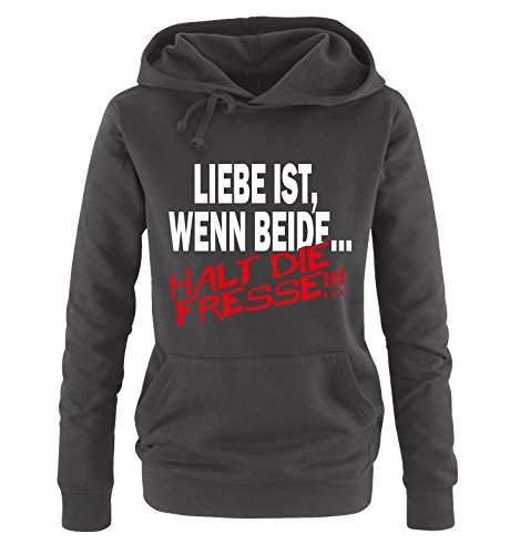 LIEBE IST - Halt die Fresse - Damen Hoodie Schwarz/Weiss-Rot Gr. XL von Comedy Shirts