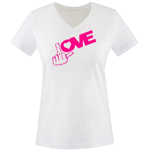Love - Mittelfinger - Einfarbig - Damen V-Neck T-Shirt - Weiss/Pink Gr. M von Comedy Shirts