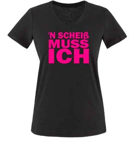 `N SCHEIß MUSS ICH - Einfarbig - Damen V-Neck T-Shirt - Schwarz/Pink Gr. M von Comedy Shirts