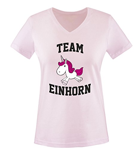 Team Einhorn - Damen V-Neck T-Shirt - Rosa/Schwarz-Weiss-Pink Gr. XL von Comedy Shirts