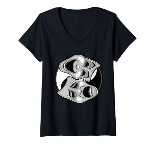 Damen Komödie und Tragödie Theatermasken Yin Yang Balance Design T-Shirt mit V-Ausschnitt Damen Komödie und Tragödie Theatermasken Yin Yang Balance Design T-Shirt mit V-Ausschnitt von Comedy Tragedy Masks Yin Yang - Symbol of Drama