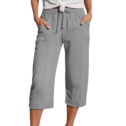 ComedyKing Leinenhose Damen Hose 3/4 Hose Damen Musselin Hose Damen Lockere Hosen Damen Einfarbig Freizeithose Gerade Geschnitten Strandhose (DE/NL/SE/PL, Alphanumerisch, XXL, Regular, Regular, Grau) von ComedyKing